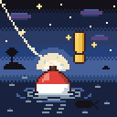 The app icon: a bobber with a bite at night