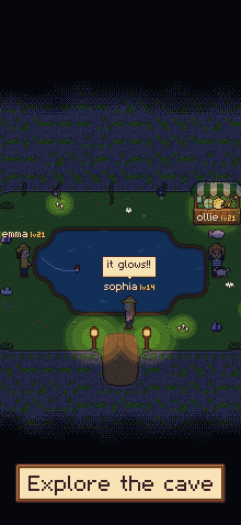 Friends fishing the glowing pool inside the cave