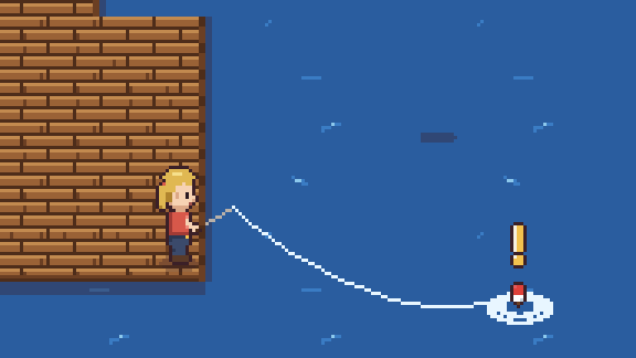 A fisher on the end of the pier with a fish biting